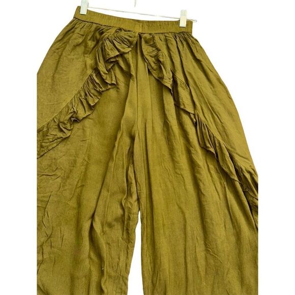 Henna store Green Wide-Leg Ruffle Split Skirt Pants Elastic Waistband O/S - Picture 9 of 16